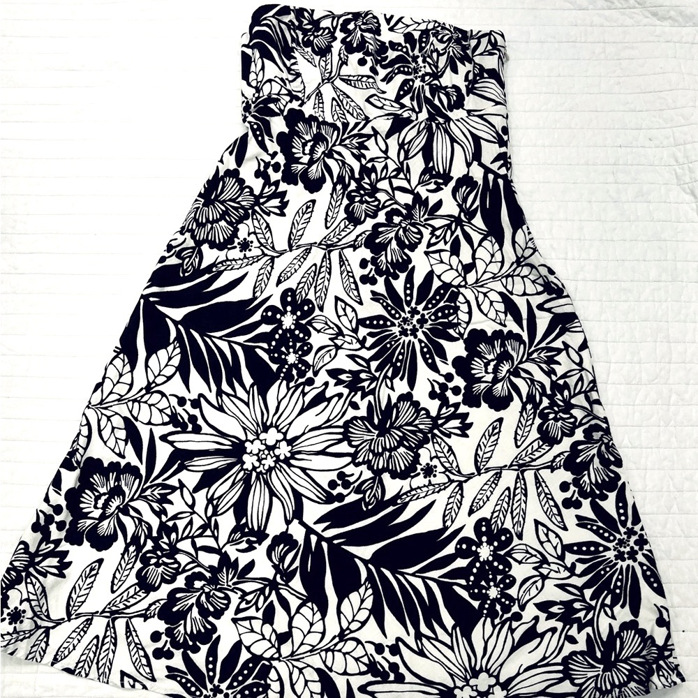 Gap linen blend A-line floral black and off-white strapless dress- size 4